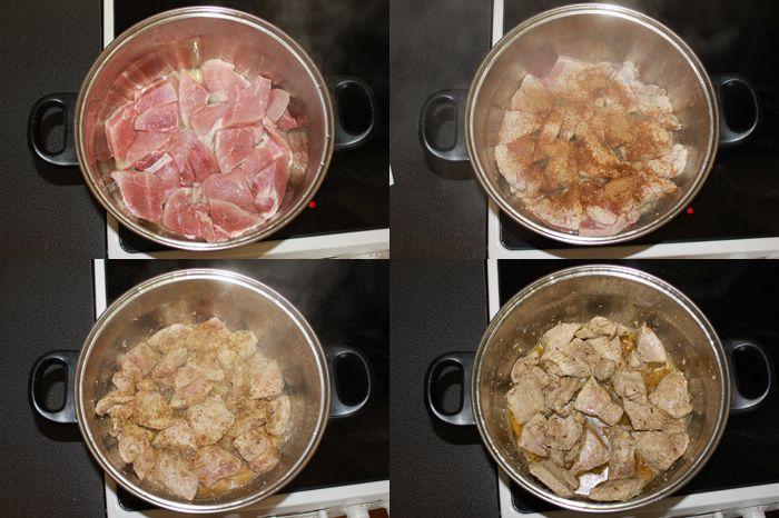 Se prajeste carnea si se adauga condimentele cu sare