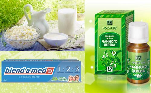 Productos lácteos, pasta de dientes, aceite de árbol de té.