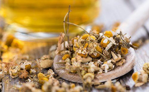 Porción de manzanilla seca en una cuchara.