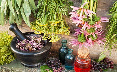 Bunke af helende urter, mørtel og bobler