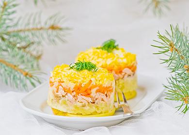 Salată de Mimosa cu conserve, pește sărat, bețe de crab și ficat de cod: 12 rețete delicioase