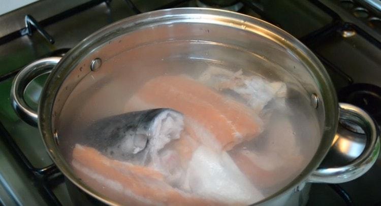 Punem un vas cu apă și bucăți de pește pe foc.