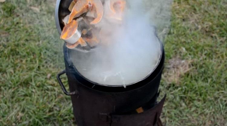 Sa pagtatapos ng pagluluto, maglagay ng mga piraso ng isda sa isang halos handa na tainga.
