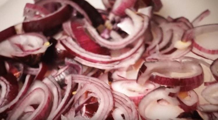 Zwiebel in Ringe schneiden.