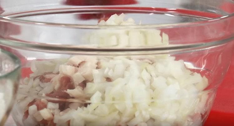 Zwiebel mit Fleisch vermischen.