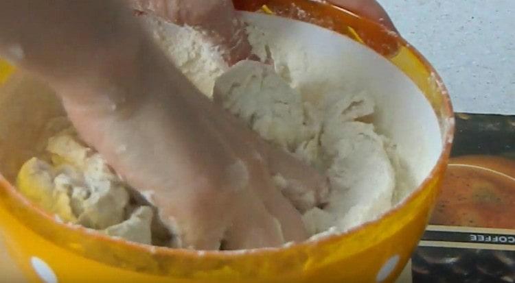 Adicione um pouco de farinha. amasse a massa.