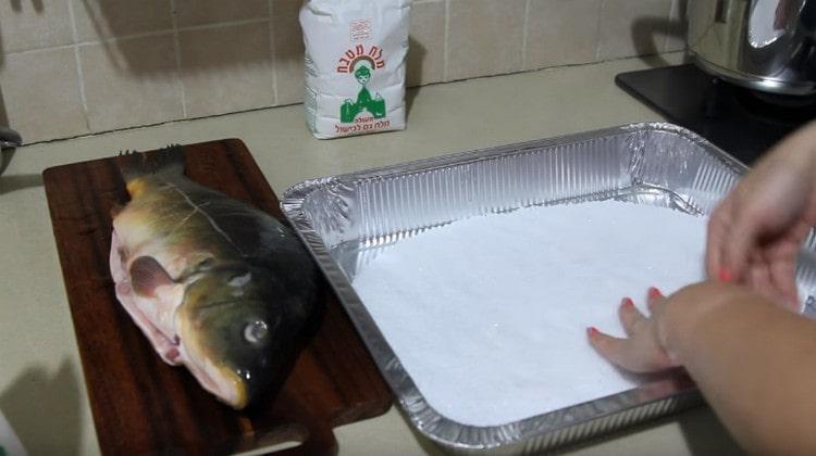 Versez une couche épaisse de sel dans le plat de cuisson.