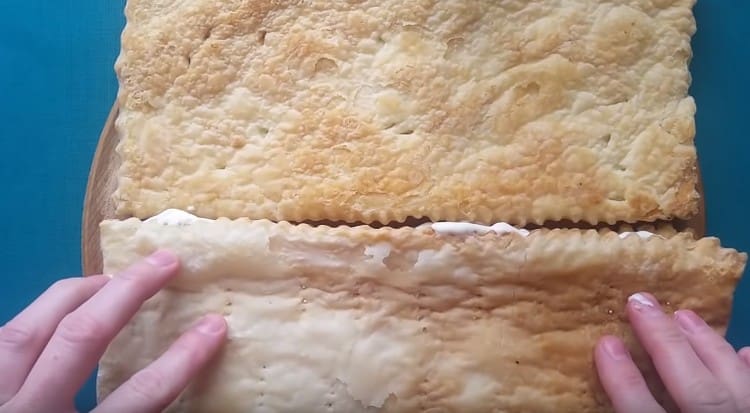 cubra el pastel con pescado con el segundo pastel con el lado aceitado hacia adentro.