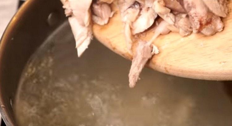 Vyjmeme maso, oddělené od kamenů, nakrájíme na kousky a vrátíme se k vývaru.