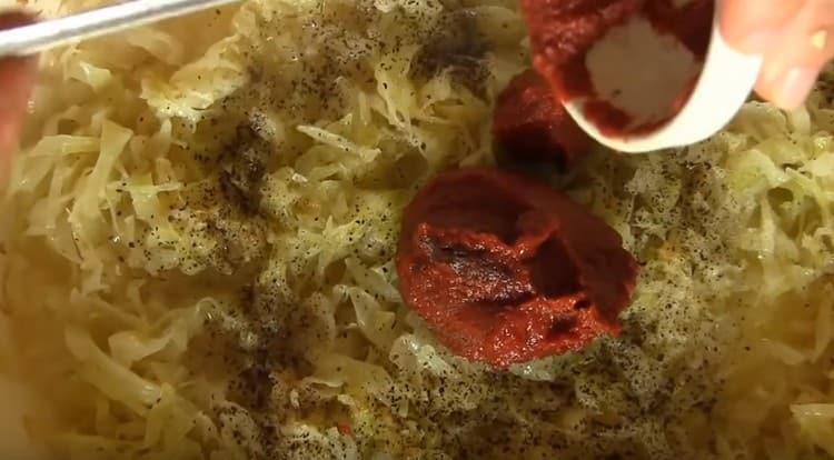 Adicione sal, pimenta e certamente pasta de tomate ao prato.