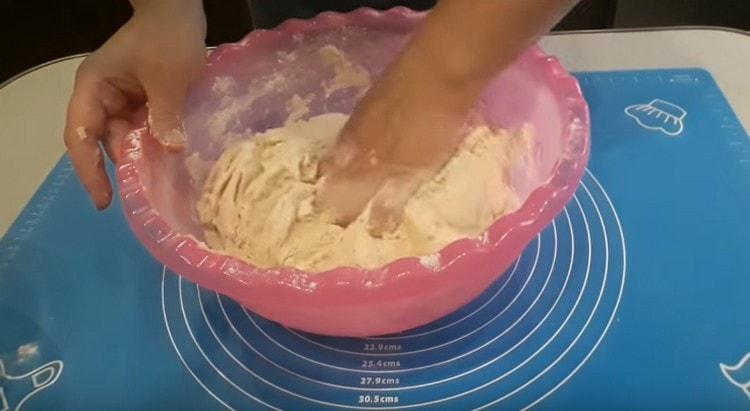 Mehl hinzufügen und den Teig kneten.