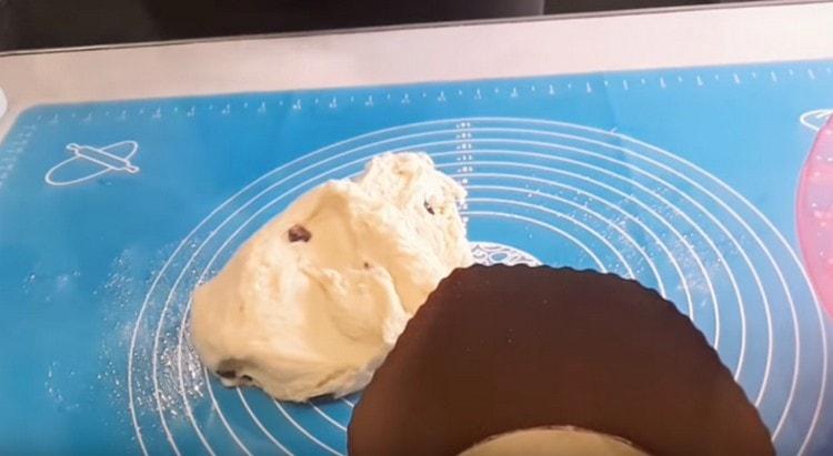 Wir zerkleinern den fertigen Teig auf der Arbeitsfläche.