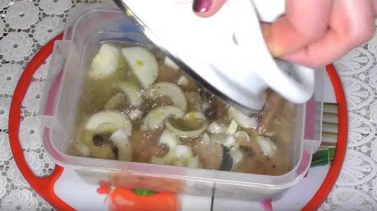 Puneți bucăți mici de pește, ceapă într-un vas, turnați totul cu marinata.