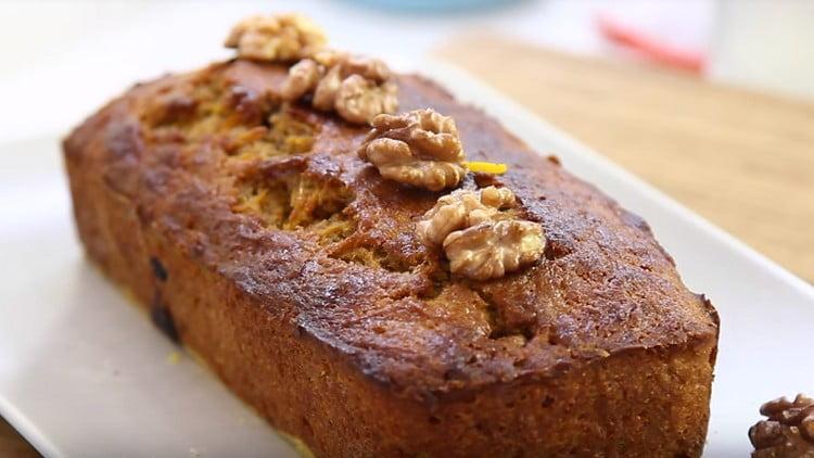 Carrot cake can be decorated with nuts, icing sugar.