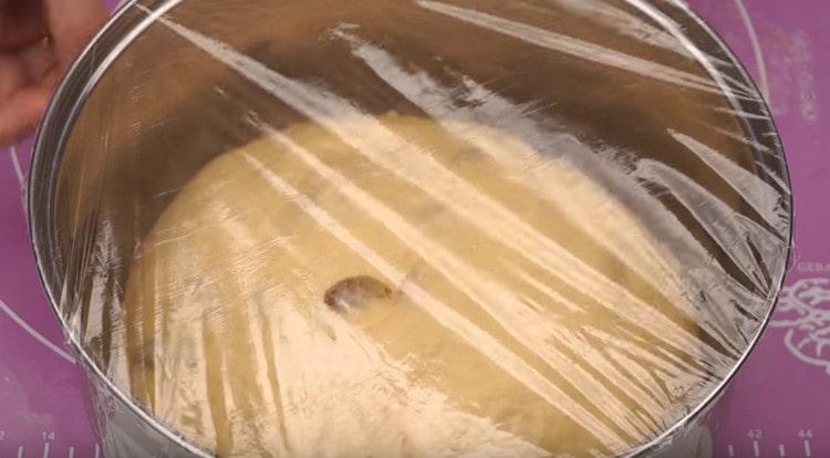 Apertando o recipiente com a massa com filme plástico, colocamos em um local quente para levantar.