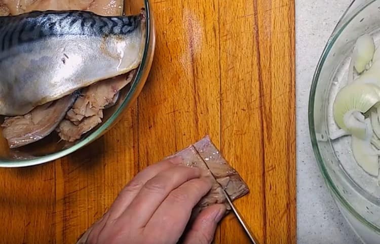 Pinutol namin ang mackerel sa mga piraso.