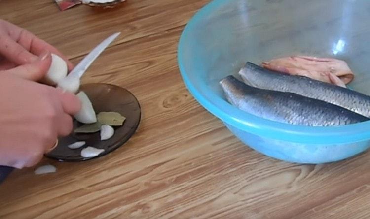 חותכים את הבצלים לטבעות קטנות.