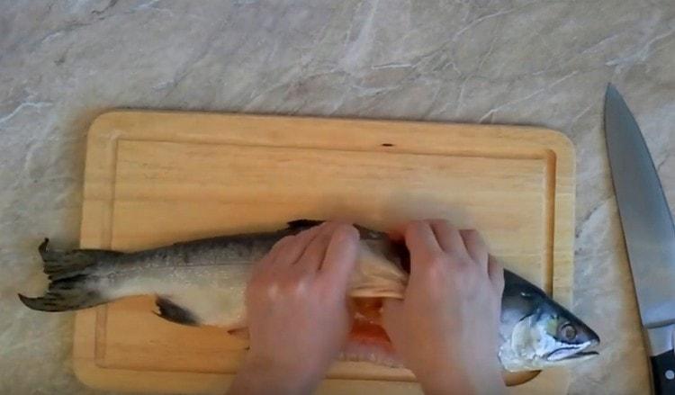 Entfernen Sie vorsichtig die Haut von der Karkasse.