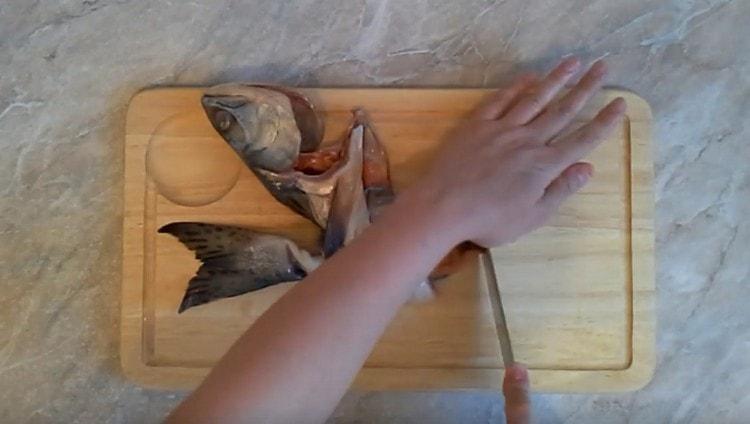 Drehen Sie die Haut um und entfernen Sie die Reste der Flossen.