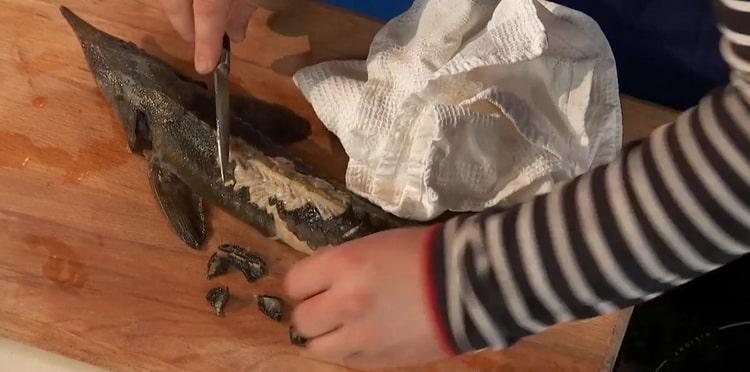 Reinigen Sie den Fisch, um die Sterlet-Fischsuppe zuzubereiten