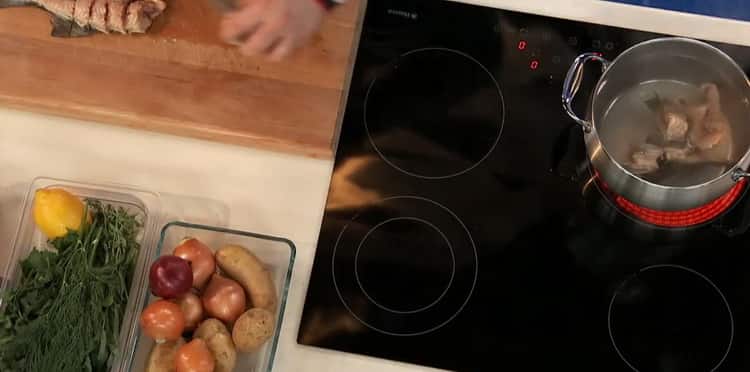 Kochen Sie die Brühe zum Zubereiten der Sterlet-Fischsuppe