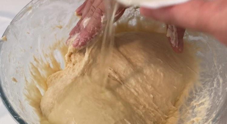 Adăugați mai mult ulei vegetal și frământați aluatul.