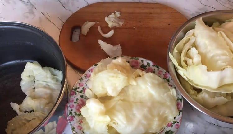 Skær tykke årer fra kålblader.