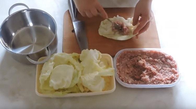 Pune carnea tocată pe frunzele de varză.