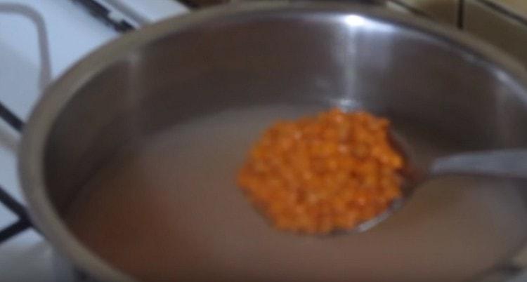 Setzen Sie die Linsen zum Kochen.