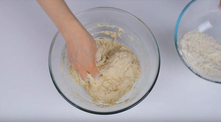 Knead a sticky dough, adding flour.