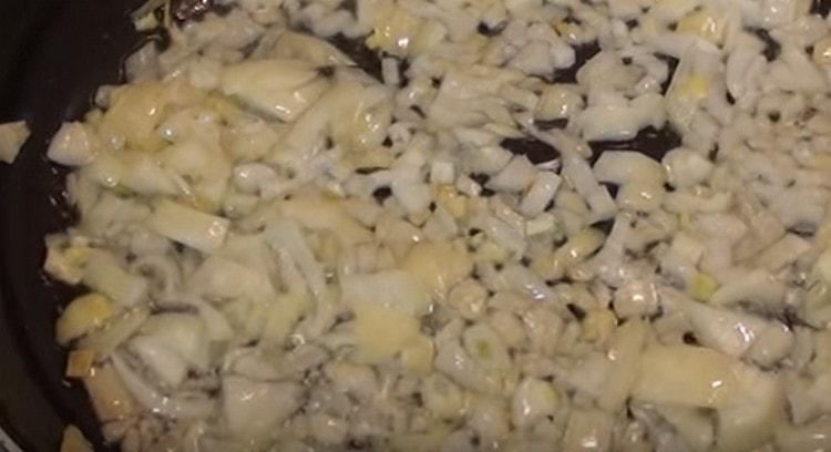 chop the onion and fry it until golden brown.