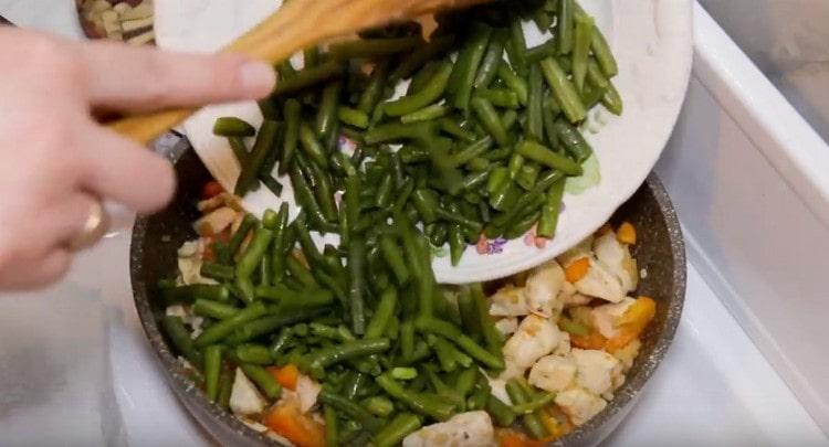 Poté vraťte kuřecí řízek a fazole na pánev.