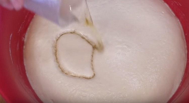 Adăugați ulei vegetal, sare în aluat.