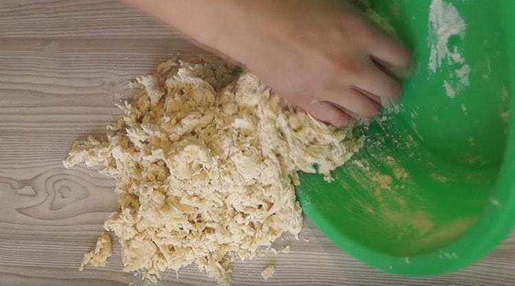 אנו מעבירים את הבצק המעובה על השולחן וממשיכים לישה בידיים.