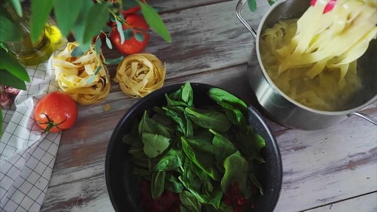 To prepare pasta with cheese, prepare spinach