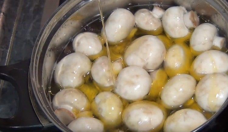 Adăugați ulei vegetal la ciupercile din marinată.