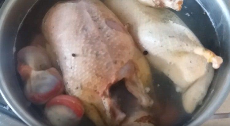 Vi lægger andekroppe i bouillon.