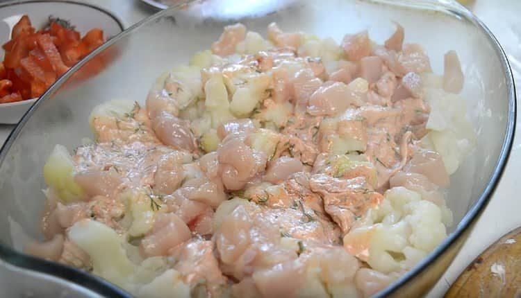 A continuació, afegiu els trossos de pollastre.