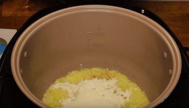 Přidejte do cibule koření a mouku.