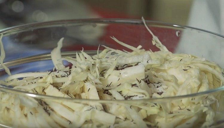 Se toacă varza, se adaugă chimenul, sarea și se frământă.