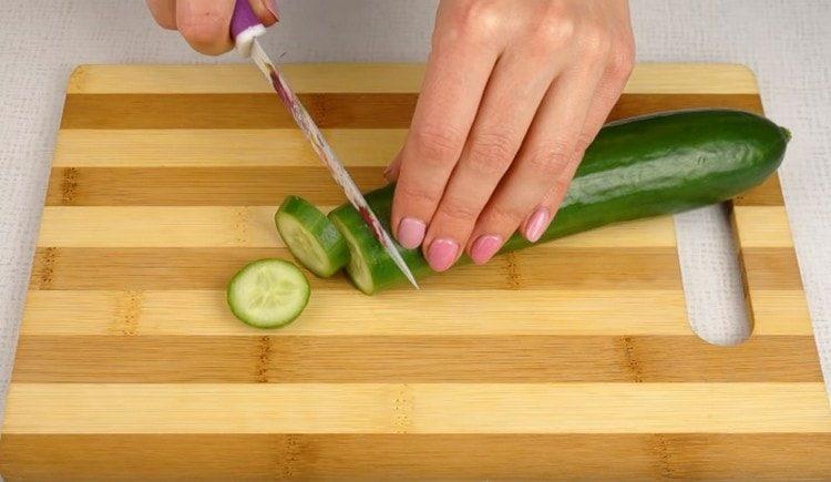 nous avons coupé le concombre en cercles charnus.