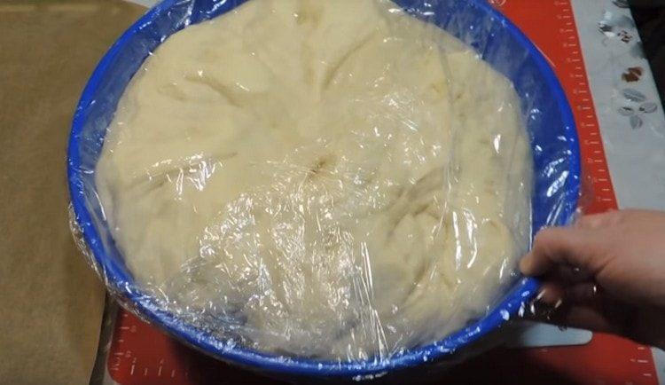Nous recouvrons la pâte d'un film plastique et la laissons lever.