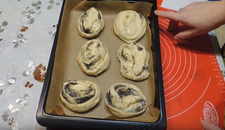 On étale les petits pains sur une plaque à pâtisserie et on les graisse également avec un œuf battu.