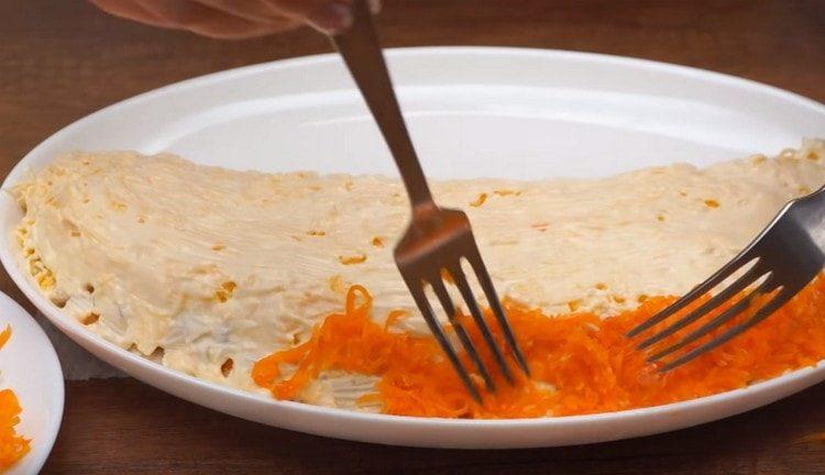 Pe marginea exterioară a salatei, întindeți morcovii.