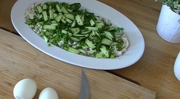 encima del pollo con mayonesa, unte las cebollas verdes y los pepinos.