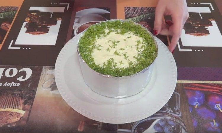 מפזרים את הסלט עם עשבי תיבול סביב ההיקף.