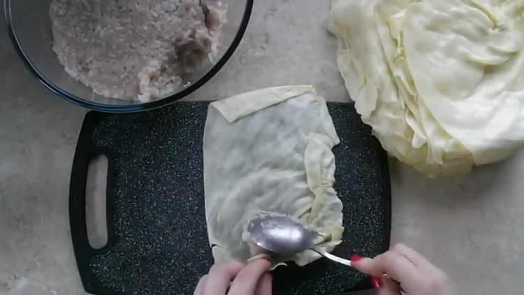 poner la carne picada en una hoja de col