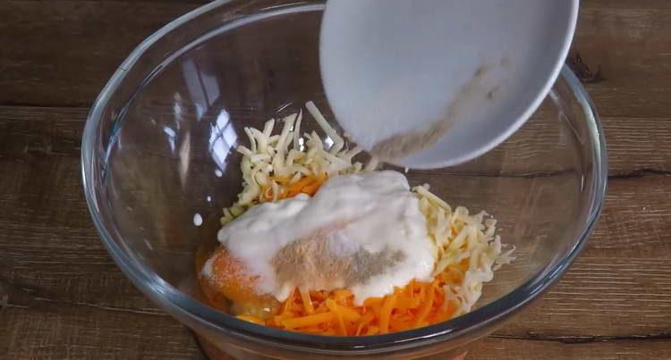 mix cheese with egg and spices